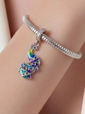 Peacock Charm Bracelet Charms Rhinestone Feather Dangle New Colorful Gorgeous